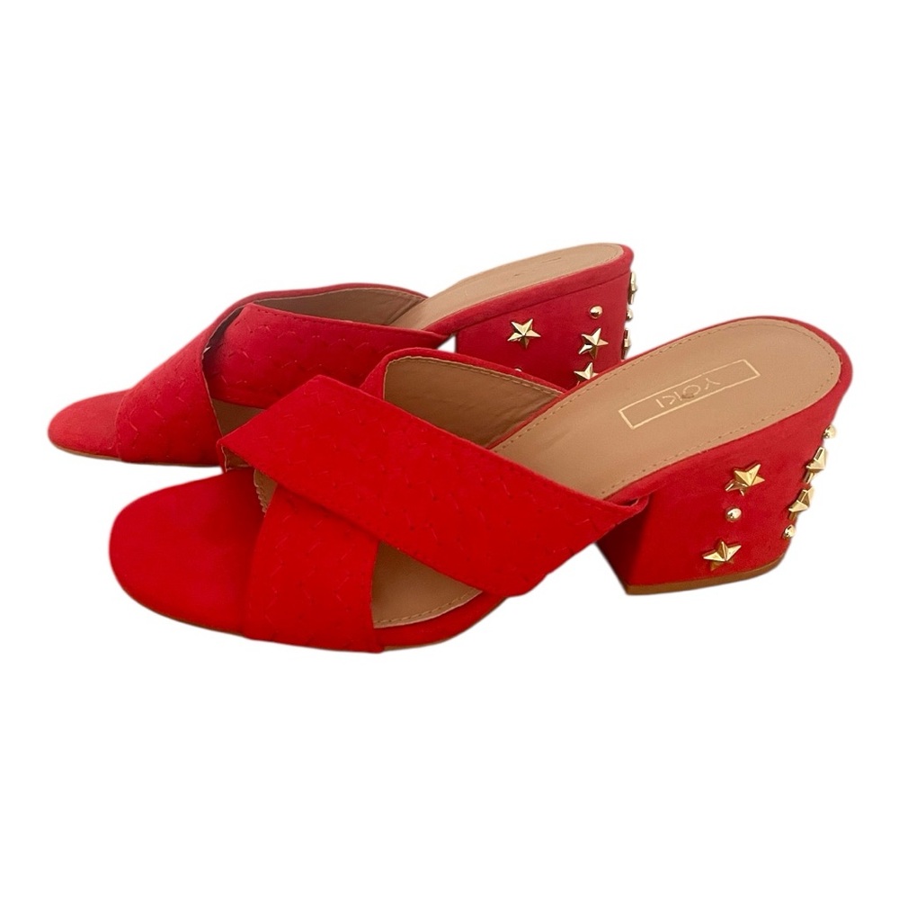 Red Suede Mules with Gold Studs